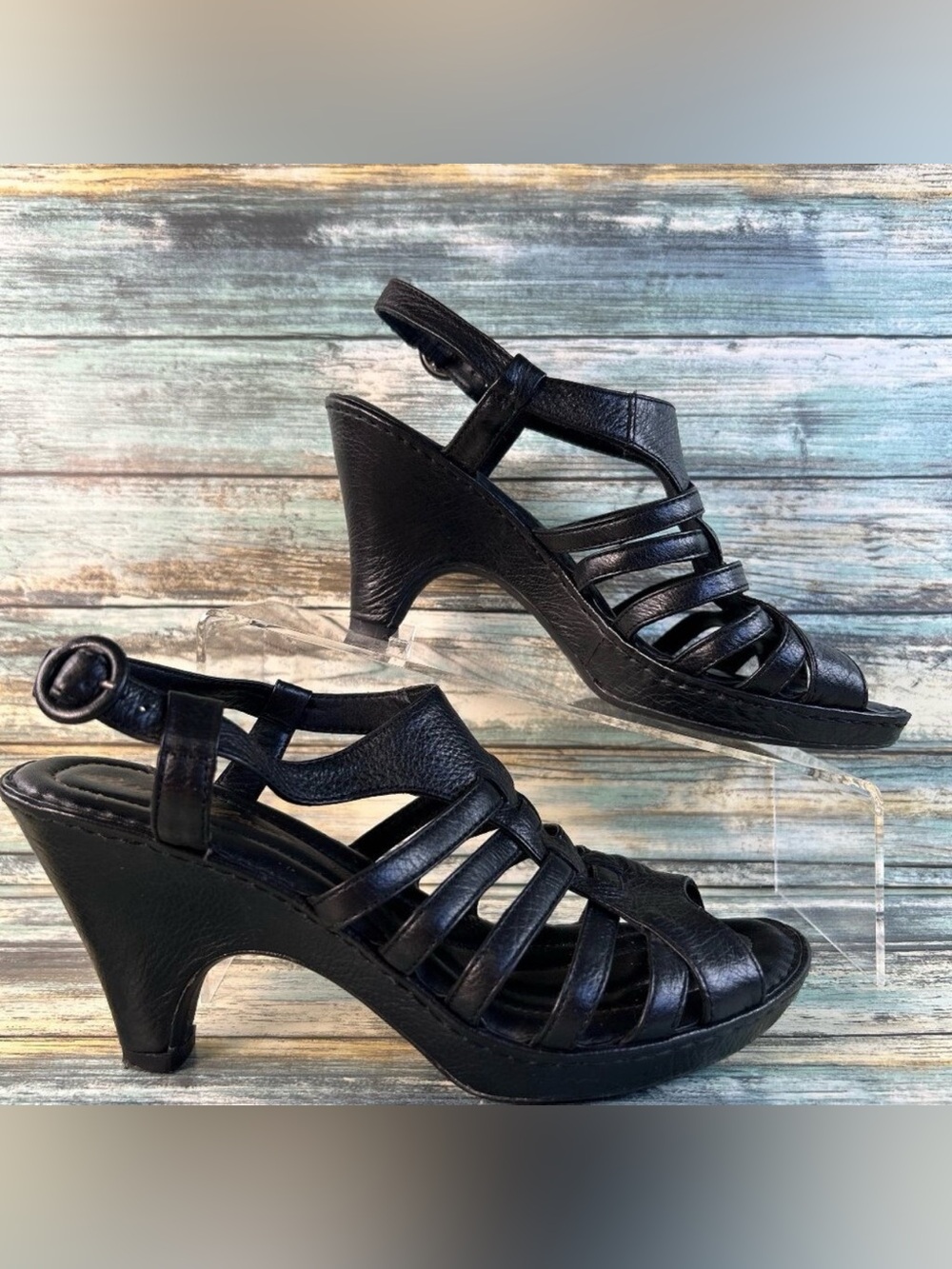 Born Crown Heeled Sandals Womens Size 8M Black Leather Formal Open Toe Woven